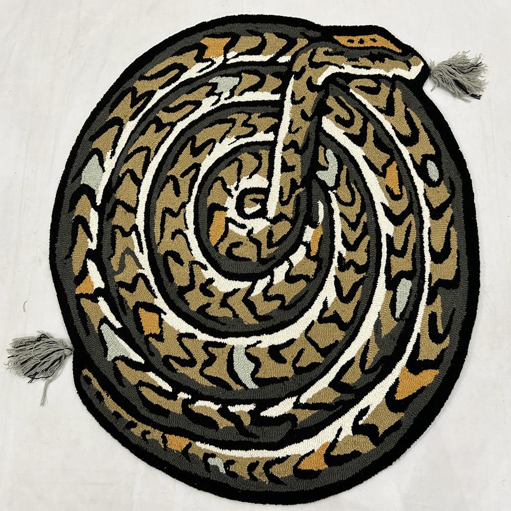 Handmade Oval Black Snake Pattern Tufted Rug with Mustard Yellow Grey and Cream Accents