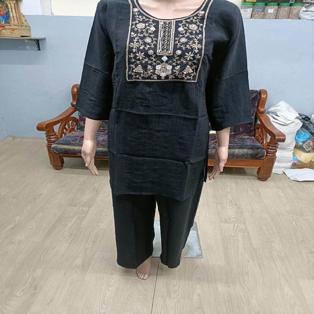Elegant Black Embroidered Straight Kurta with Palazzo Pants Set
