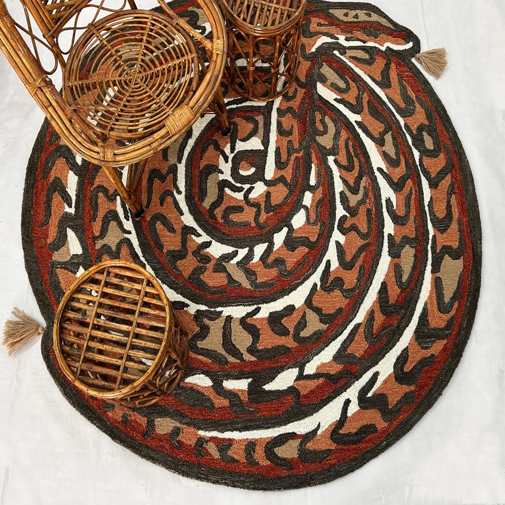 Handmade Oval Snake Pattern Tufted Rug in Rust Orange Black Beige and Cream with Decorative Tassels