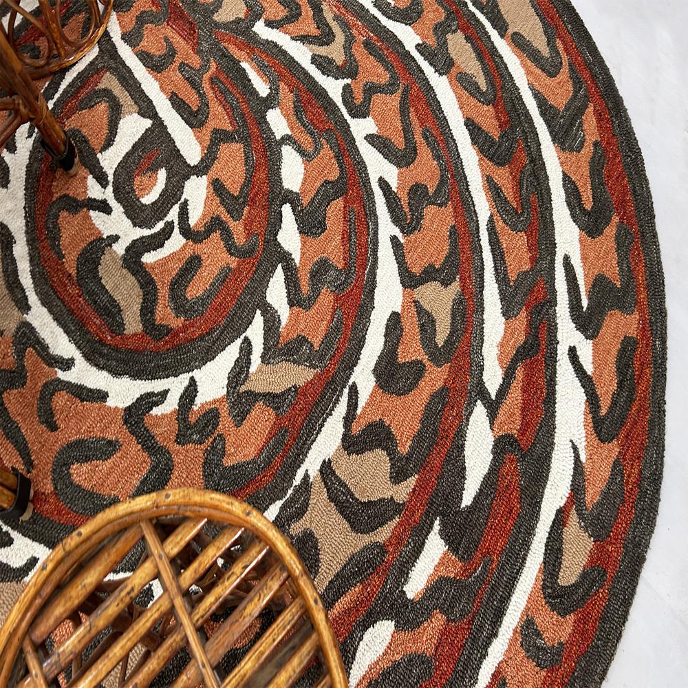 Handmade Oval Snake Pattern Tufted Rug in Rust Orange Black Beige and Cream with Decorative Tassels