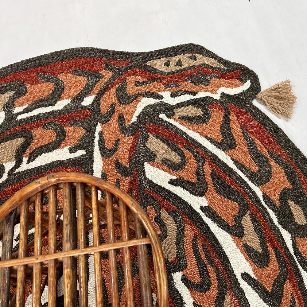 Handmade Oval Snake Pattern Tufted Rug in Rust Orange Black Beige and Cream with Decorative Tassels