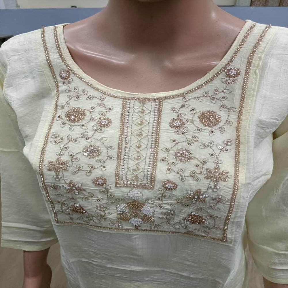 Elegant Cream Embroidered Short Kurta Set With Trousers - Bust Size: Na Inch (In)