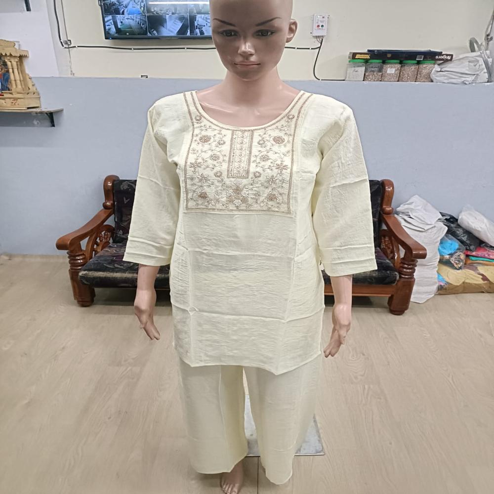 Elegant Cream Embroidered Short Kurta Set with Trousers