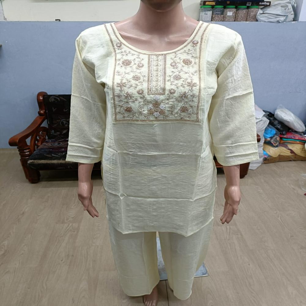 Elegant Cream Embroidered Short Kurta Set with Trousers
