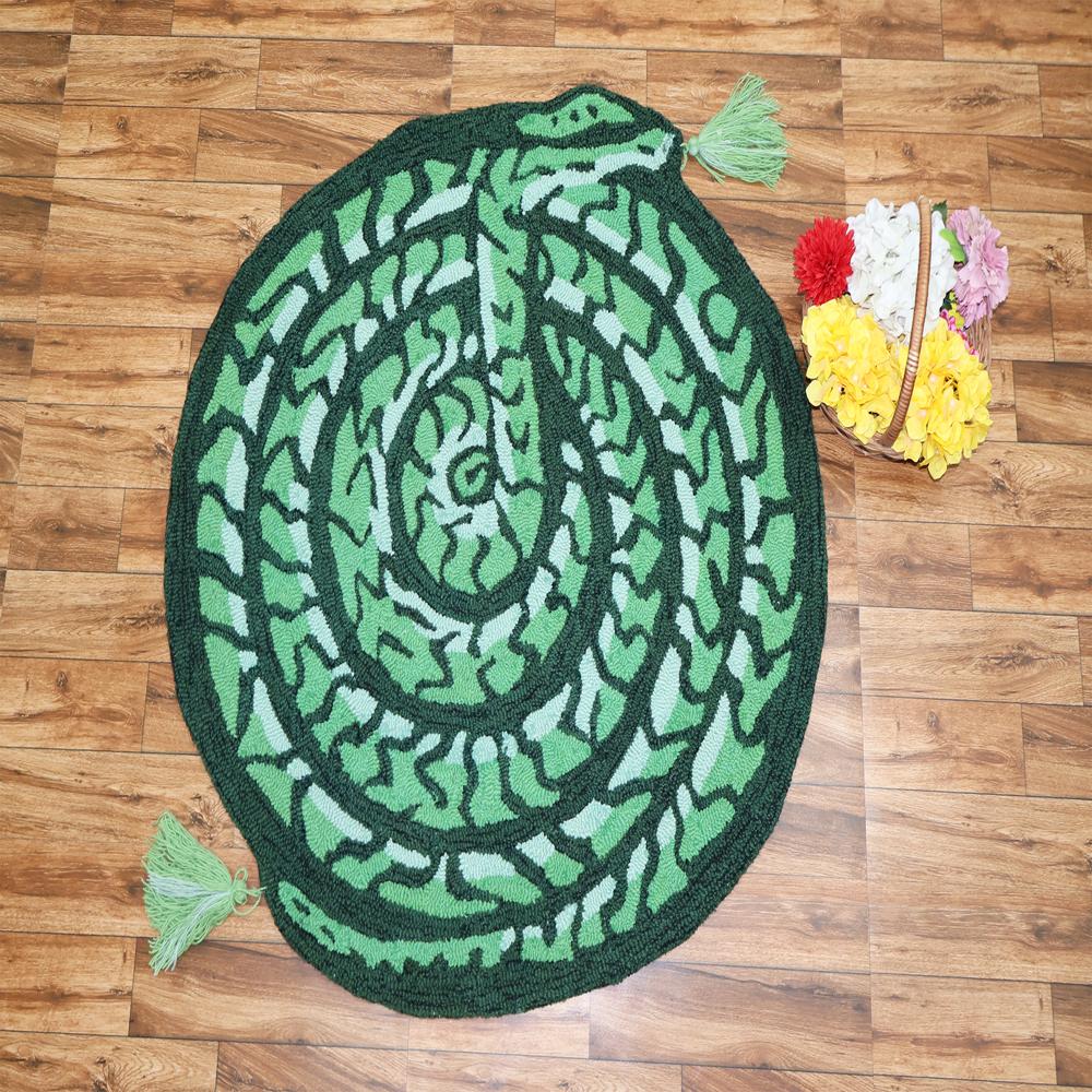 Handmade Round Green Abstract Pattern Rug with Tassels