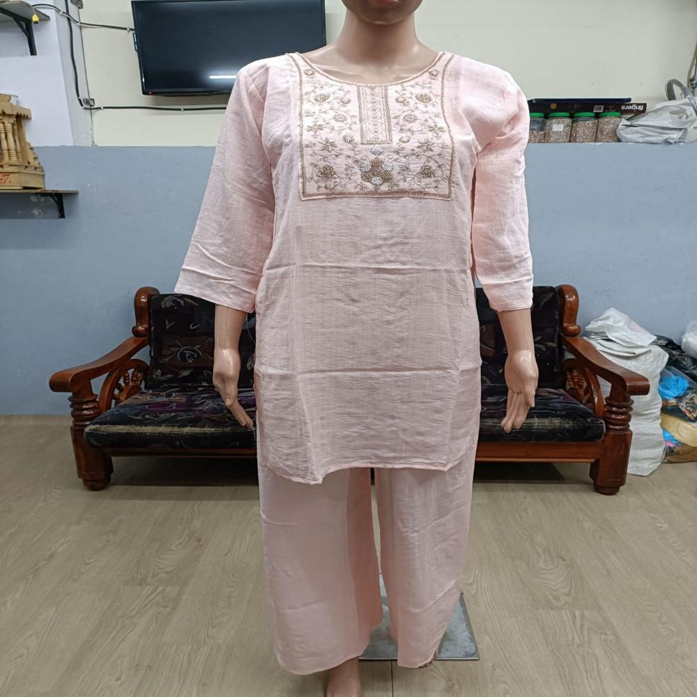 Graceful Baby Pink Embroidered Short Kurta Set with Trousers