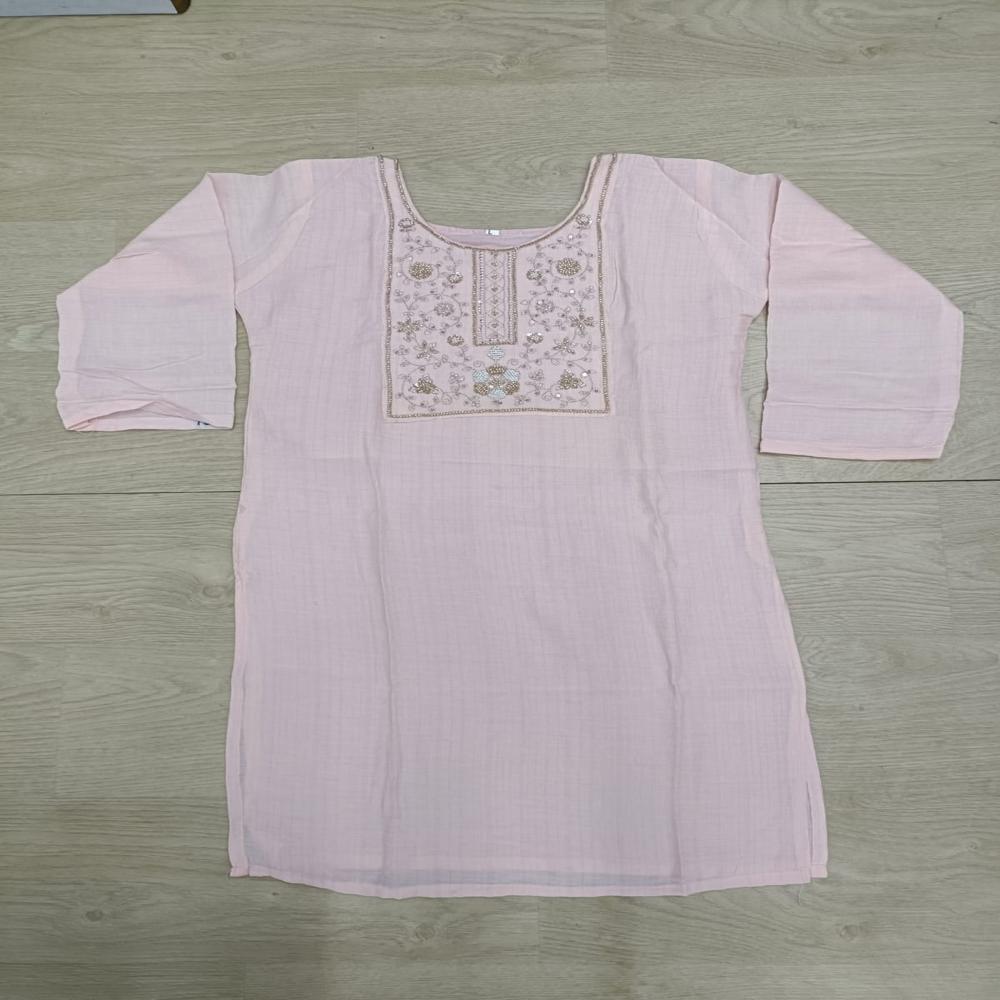 Graceful Baby Pink Embroidered Short Kurta Set with Trousers
