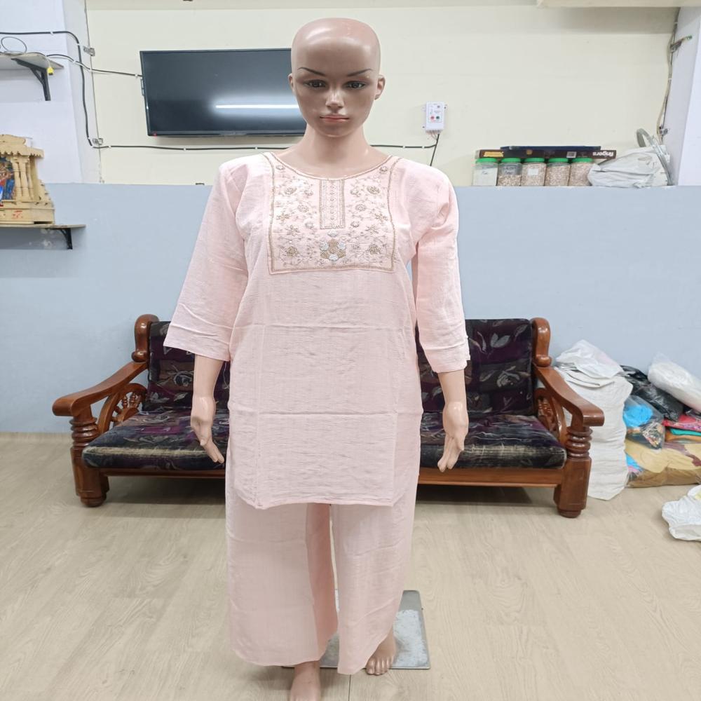 Graceful Baby Pink Embroidered Short Kurta Set with Trousers
