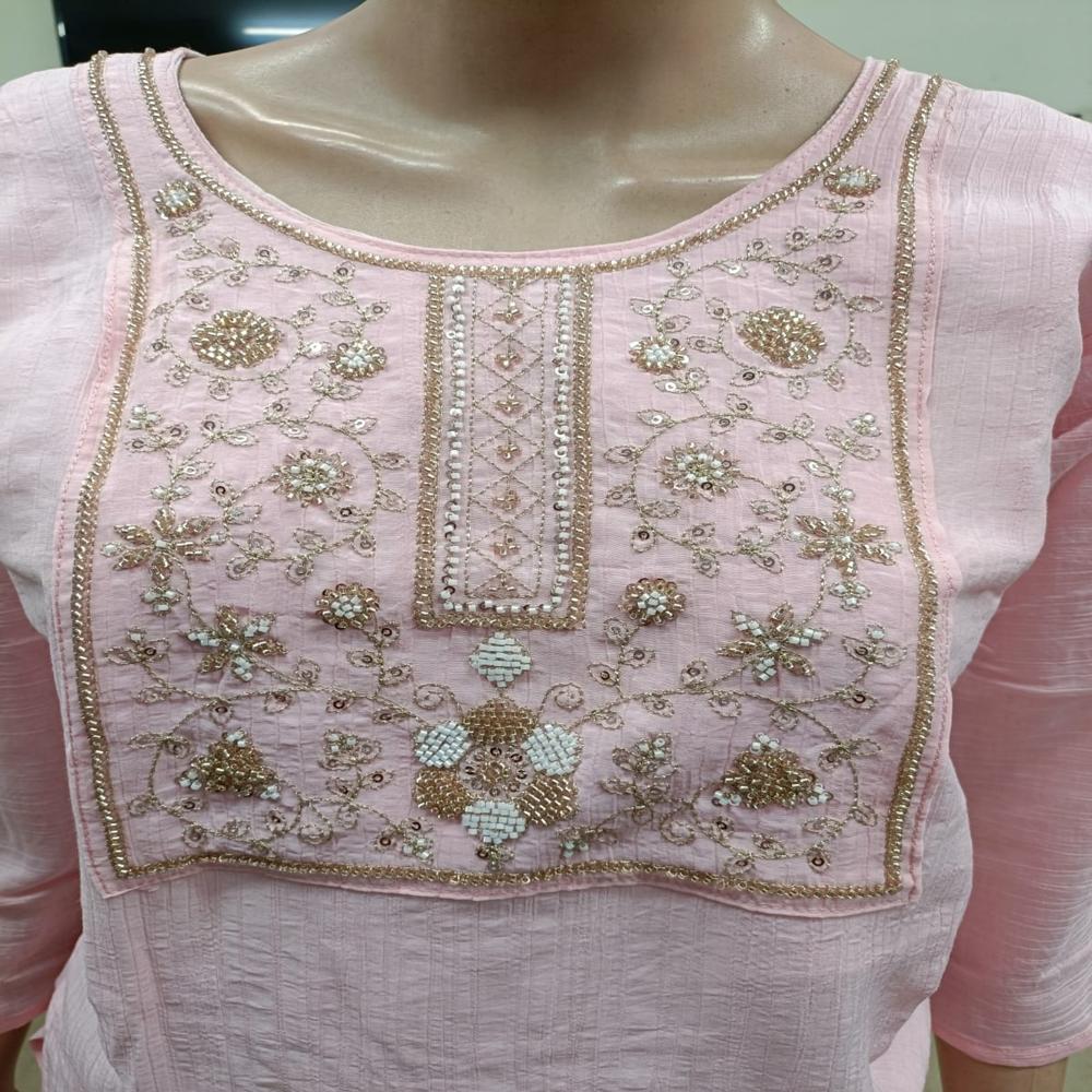 Graceful Soft Pink Hand-Embroidered Straight Kurta With Trousers Set - Bust Size: Na Inch (In)