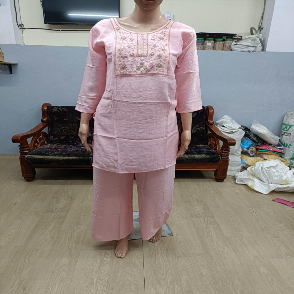 Graceful Soft Pink Hand-Embroidered Straight Kurta with Trousers Set