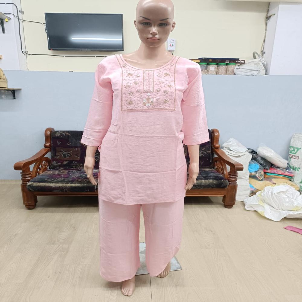 Graceful Soft Pink Hand-Embroidered Straight Kurta with Trousers Set