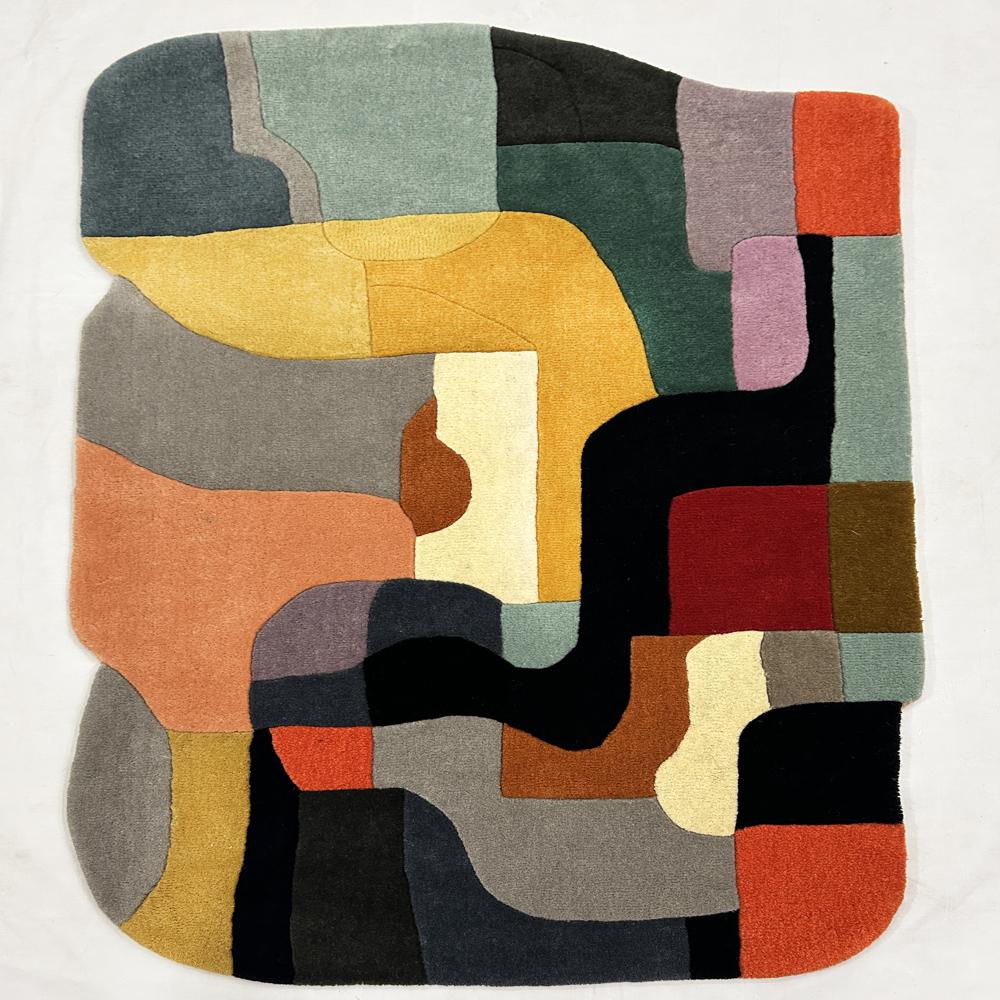 Title: Handmade Abstract Geometric Multicolor Tufted Wool Rug for Modern Home Decor