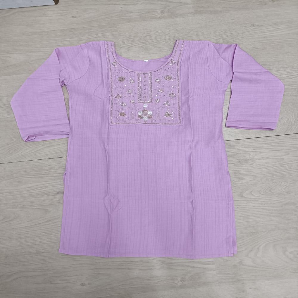 Charming Lavender Embroidered Short Kurta Set With Trousers - Bust Size: Na Inch (In)