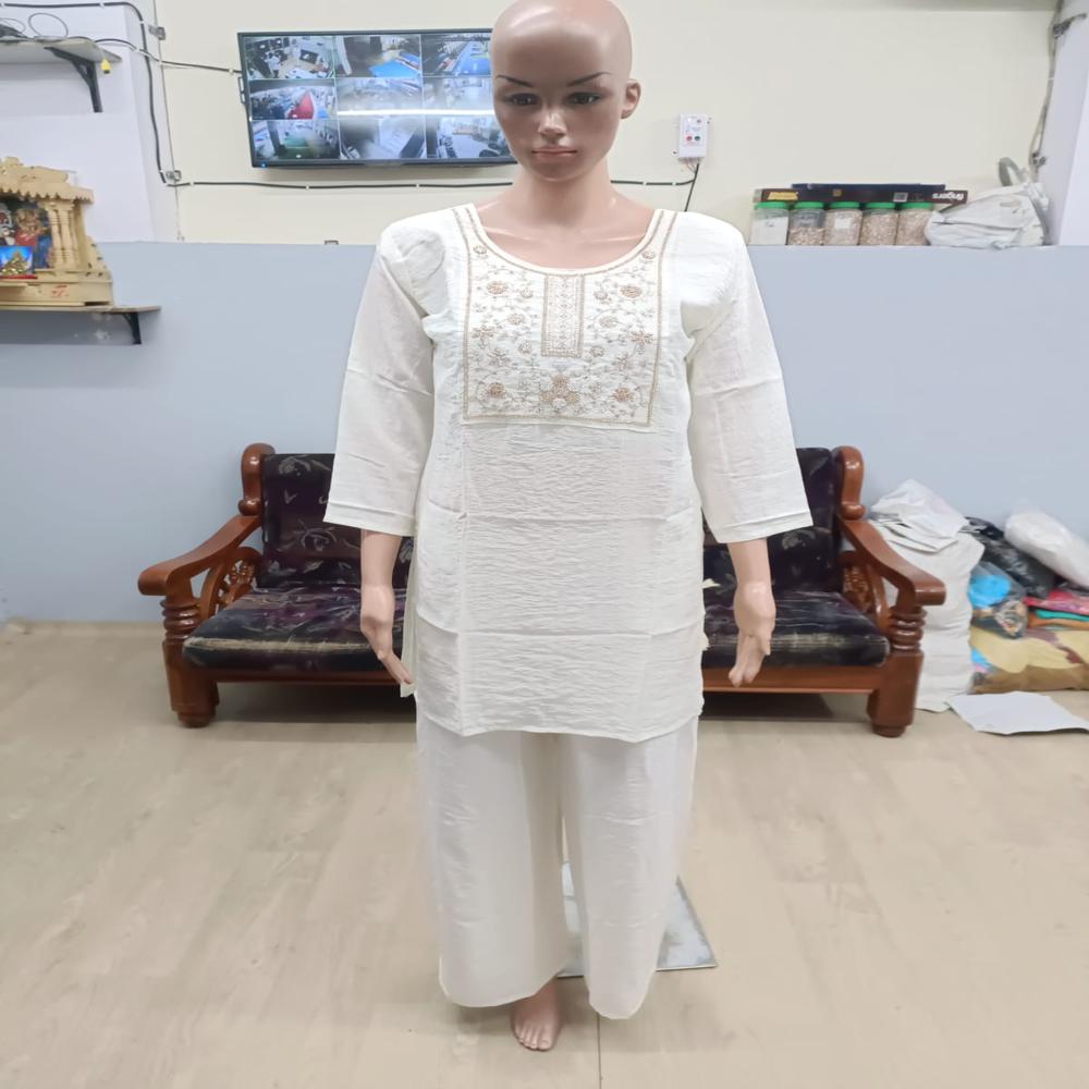 Pristine White Hand-Embroidered Straight Kurta Set with Trousers