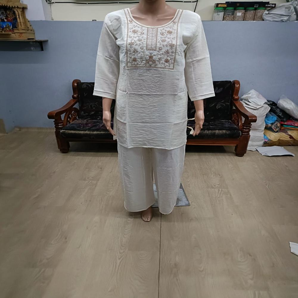 Pristine White Hand-Embroidered Straight Kurta Set with Trousers