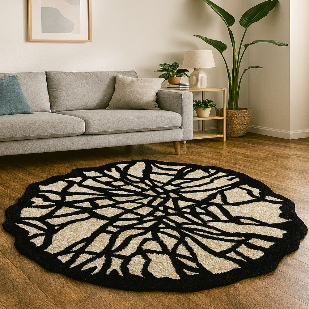 Handmade Black and Cream Abstract Geometric Round Tufted Rug for Modern Home Decor