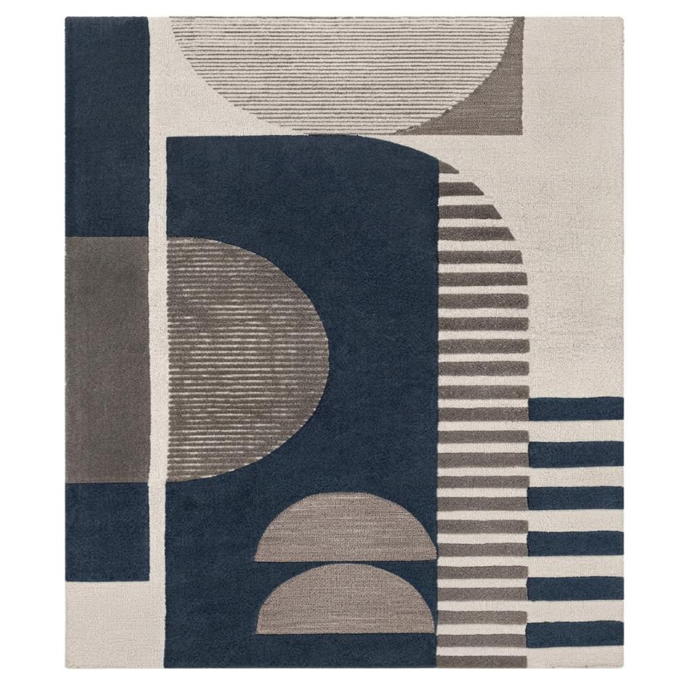 Navy Blue Geometric Abstract Wool Rug, Modern Beige And Grey Area Rug, Contemporary Living Room Bedroom Carpet, Handmade Designer Rug - Color: All