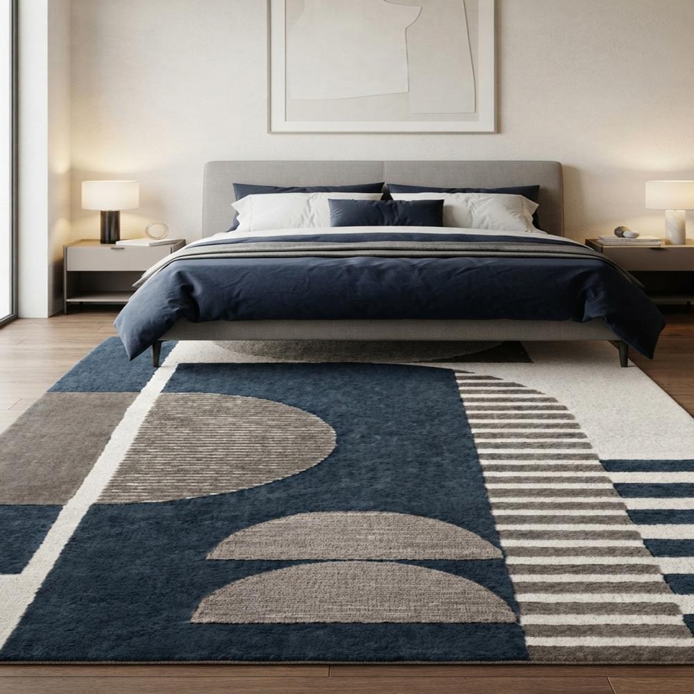 Navy Blue Geometric Abstract Wool Rug, Modern Beige and Grey Area Rug, Contemporary Living Room Bedroom Carpet, Handmade Designer Rug