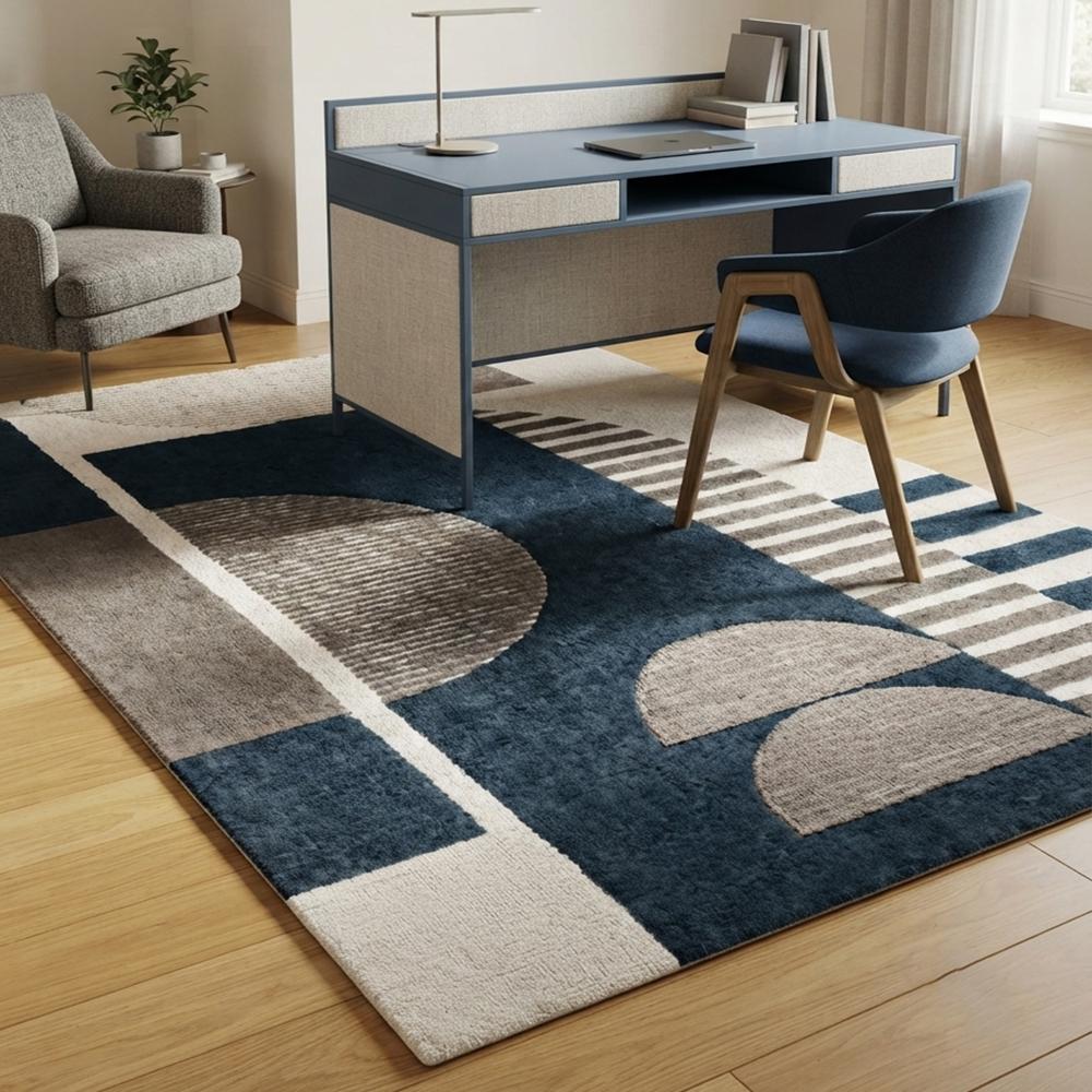 Navy Blue Geometric Abstract Wool Rug, Modern Beige and Grey Area Rug, Contemporary Living Room Bedroom Carpet, Handmade Designer Rug