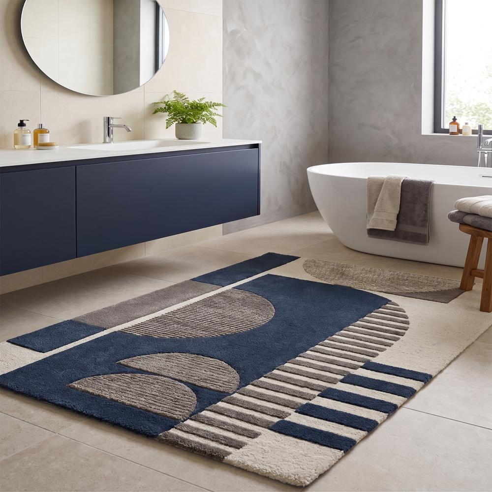 Navy Blue Geometric Abstract Wool Rug, Modern Beige and Grey Area Rug, Contemporary Living Room Bedroom Carpet, Handmade Designer Rug