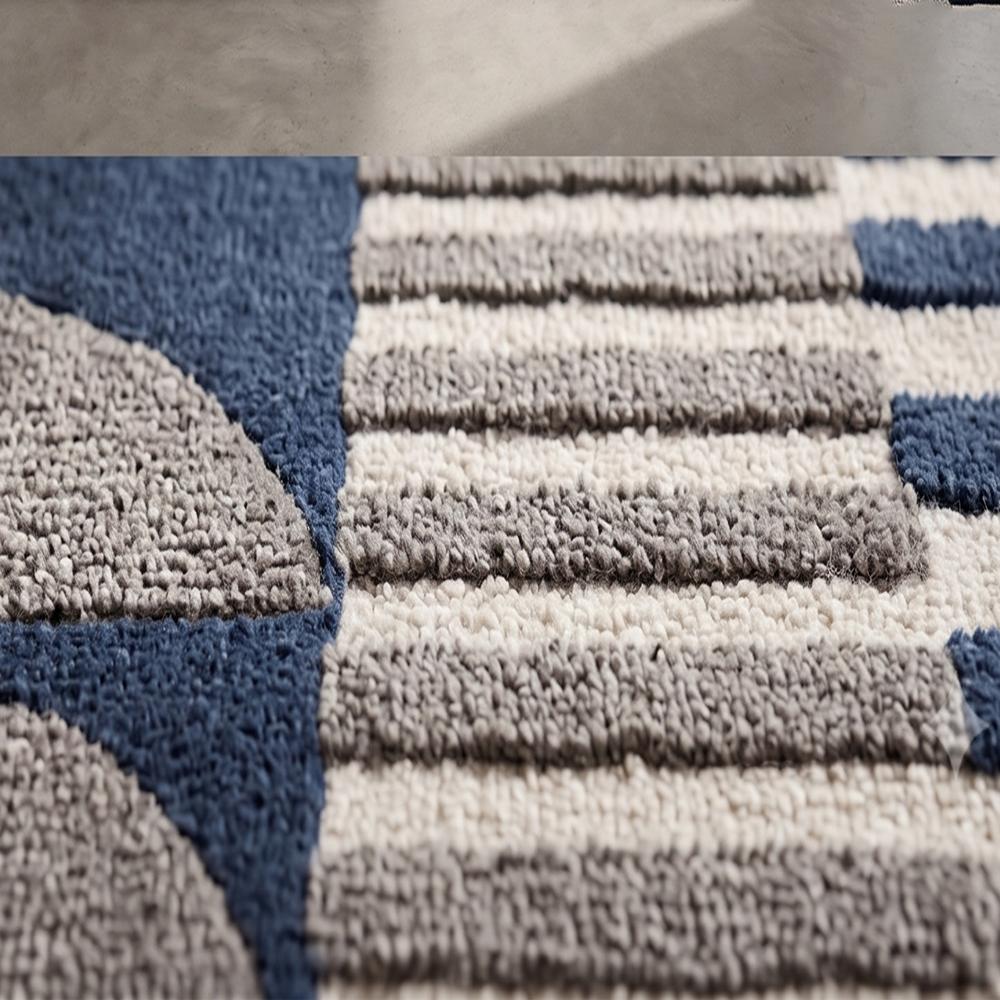 Navy Blue Geometric Abstract Wool Rug, Modern Beige and Grey Area Rug, Contemporary Living Room Bedroom Carpet, Handmade Designer Rug