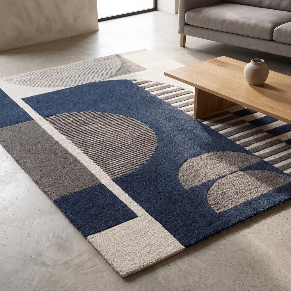 Navy Blue Geometric Abstract Wool Rug, Modern Beige and Grey Area Rug, Contemporary Living Room Bedroom Carpet, Handmade Designer Rug