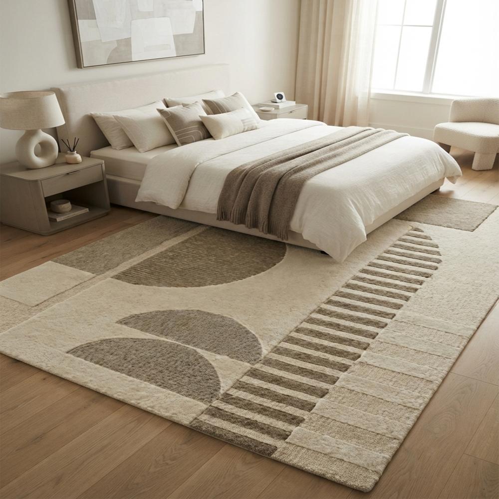 Handmade Beige Geometric Abstract Wool Rug, Taupe And Cream Modern Area Rug, Contemporary Bedroom Carpet, Minimalist Neutral Home Decor - Color: All