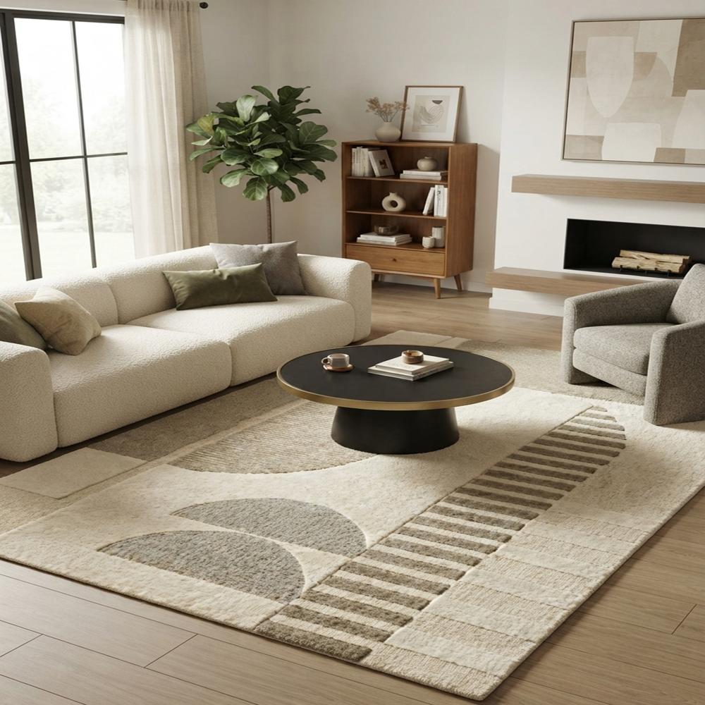 Handmade Beige Geometric Abstract Wool Rug, Taupe and Cream Modern Area Rug, Contemporary Bedroom Carpet, Minimalist Neutral Home Decor