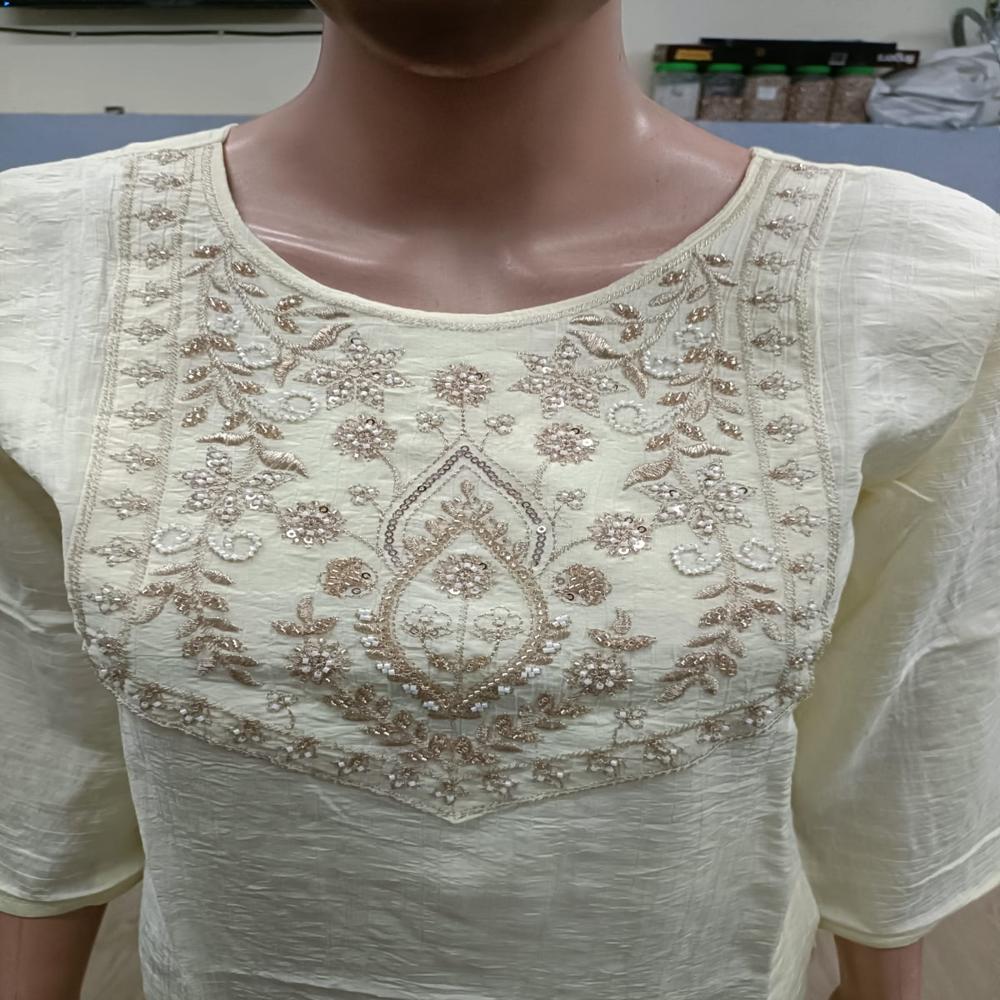 Graceful Off-White Hand-Embroidered Straight Kurta With Palazzo Pants Set - Bust Size: Na Inch (In)