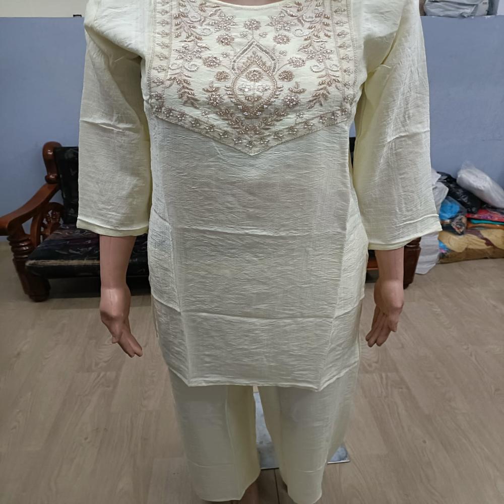 Graceful Off-White Hand-Embroidered Straight Kurta with Palazzo Pants Set