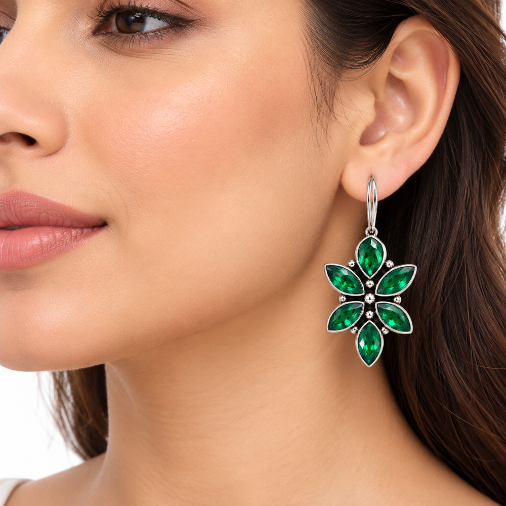 Green Stone Flower Dangle Earrings - Grade: A