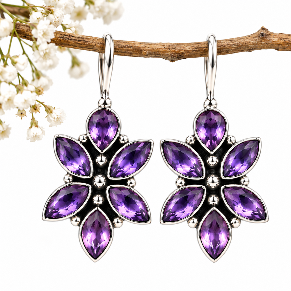 Purple Stone Flower Dangle Earrings - Grade: A