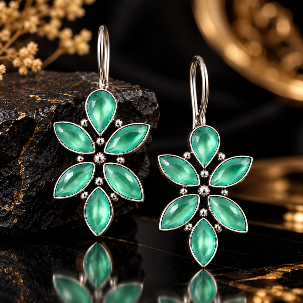 Green Stone Flower Dangle Earrings - Material: Brass
