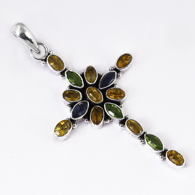 कीमती एंटीक मल्टी जेमस्टोन सिल्वर पेंडेंट