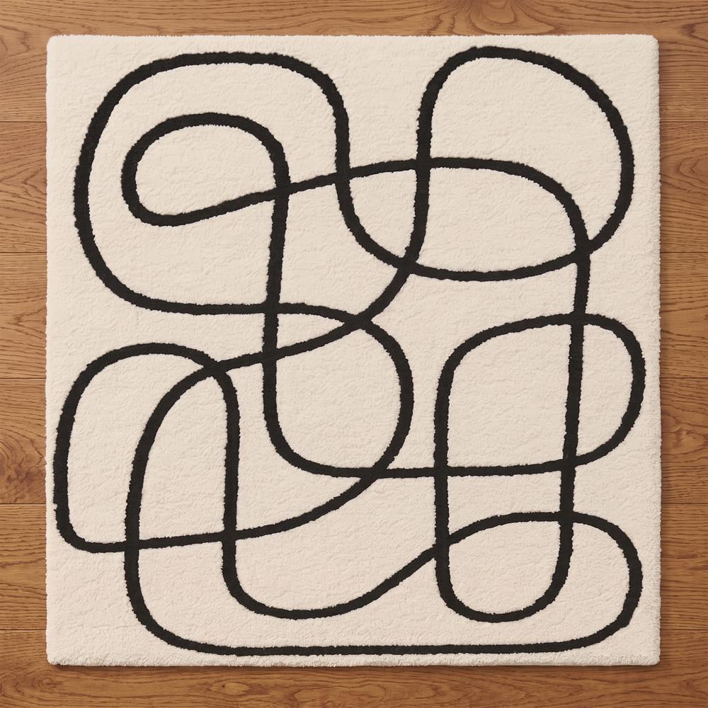 Modern Abstract Black Line Hand Tufted Rug on Cream Background for Living Room Bedroom Home Decor