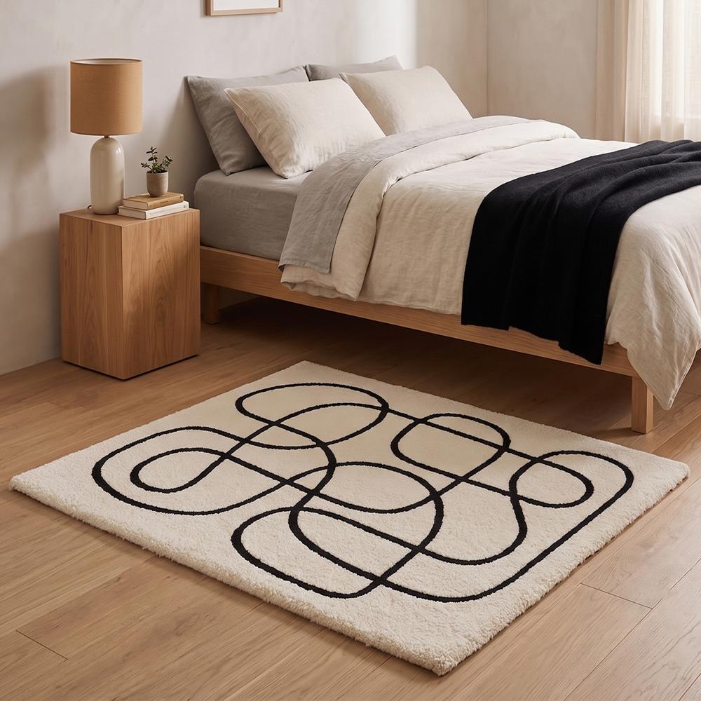 Modern Abstract Black Line Hand Tufted Rug on Cream Background for Living Room Bedroom Home Decor