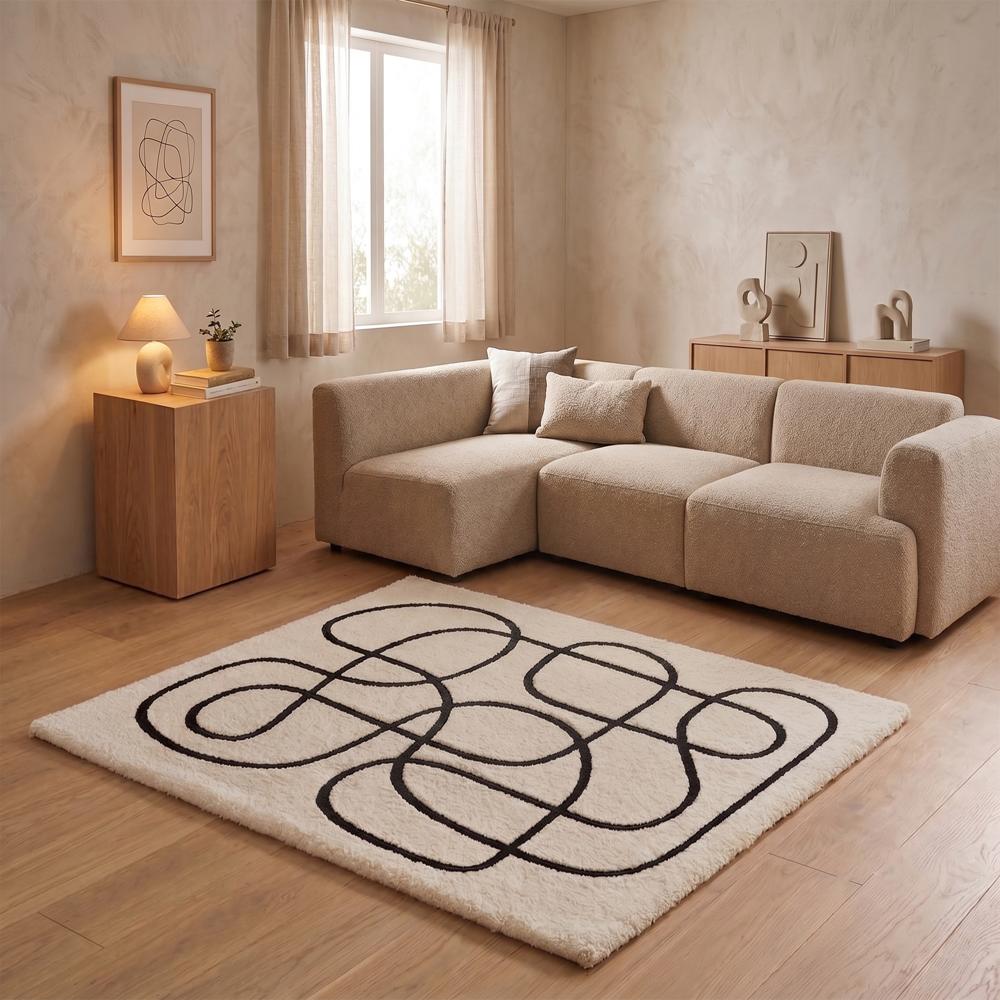 Modern Abstract Black Line Hand Tufted Rug on Cream Background for Living Room Bedroom Home Decor
