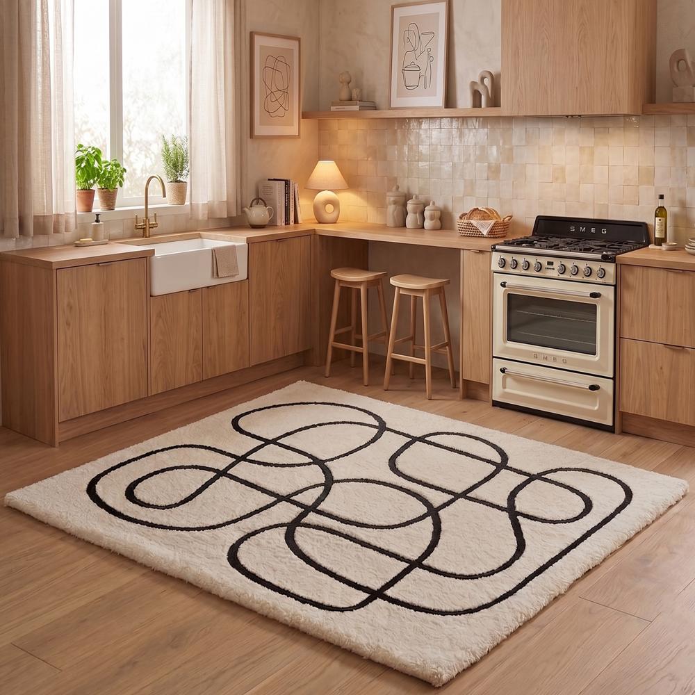 Modern Abstract Black Line Hand Tufted Rug on Cream Background for Living Room Bedroom Home Decor