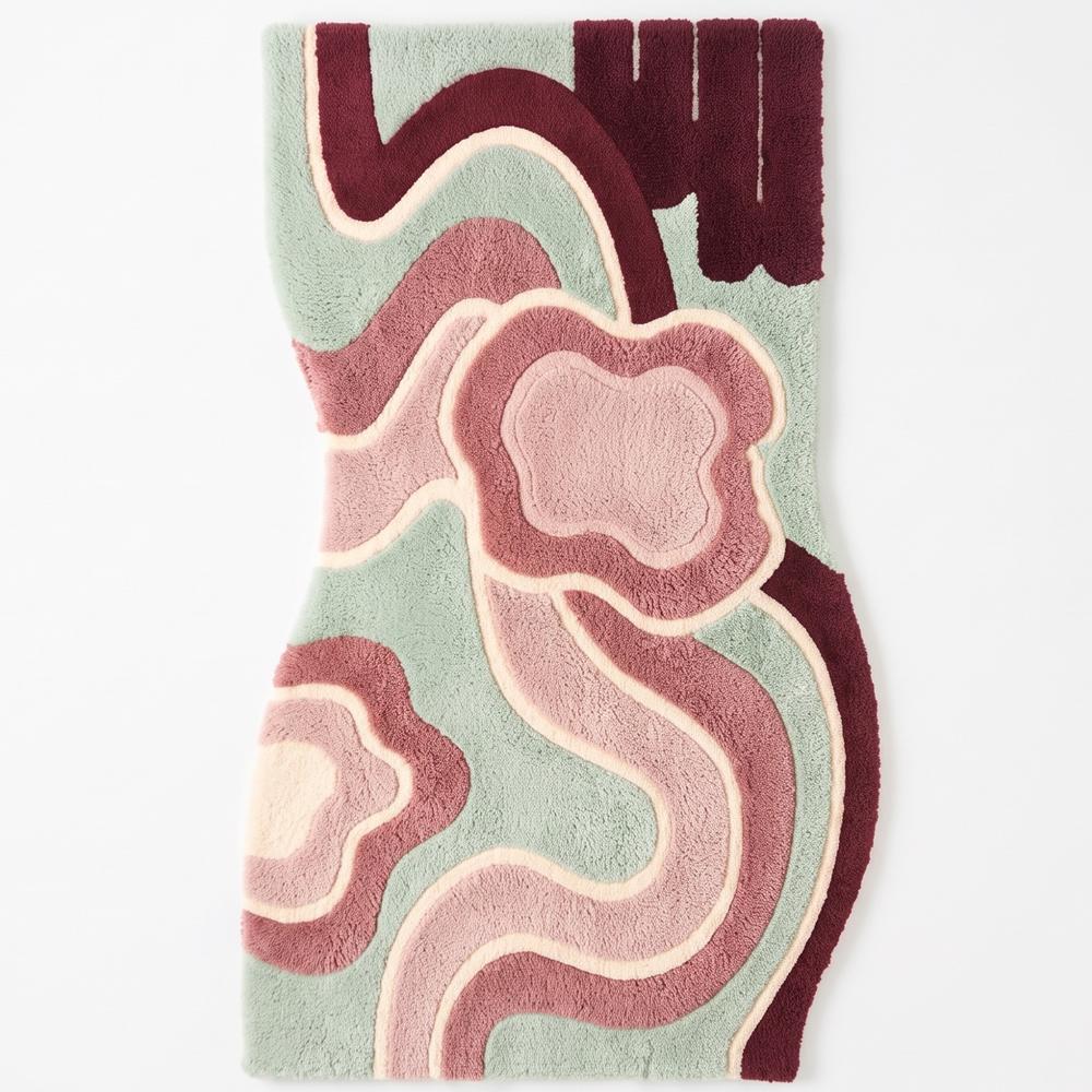 Modern Abstract Floral Hand Tufted Rug in Pink Green Burgundy and Cream for Living Room Bedroom Decor