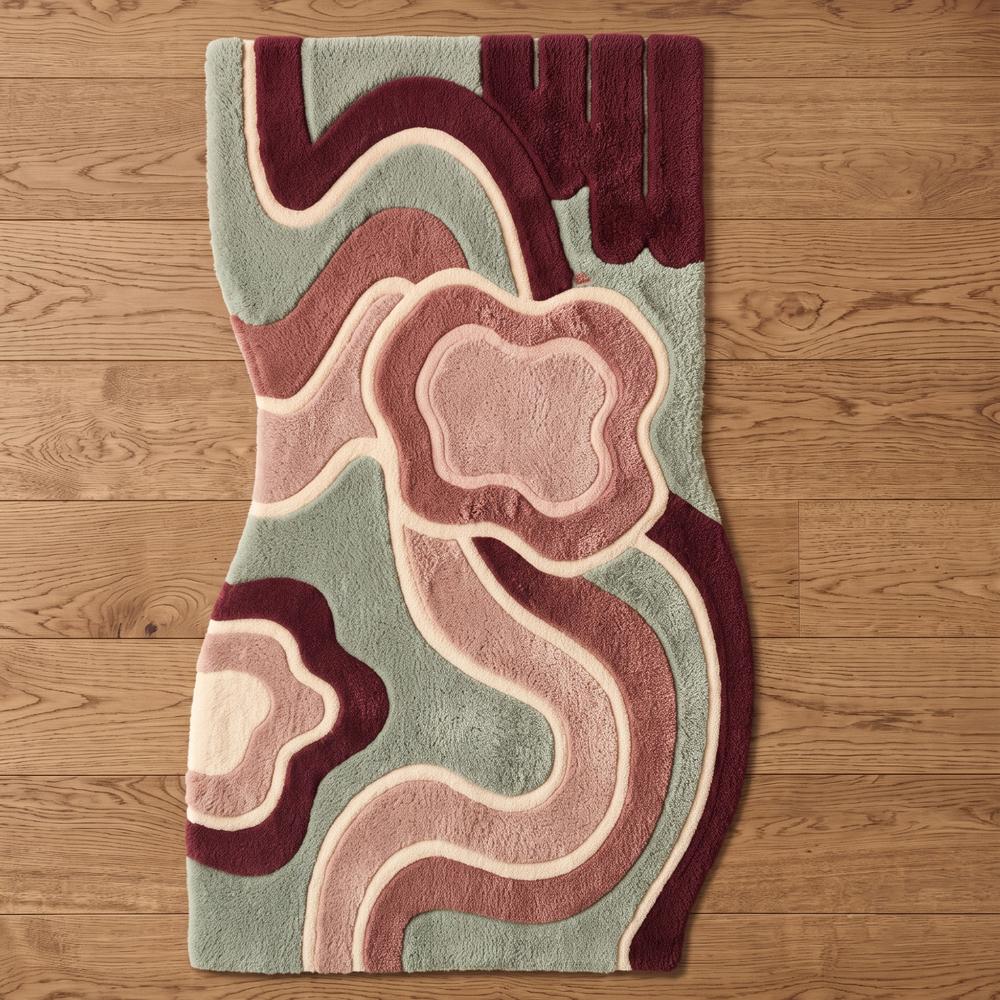 Modern Abstract Floral Hand Tufted Rug in Pink Green Burgundy and Cream for Living Room Bedroom Decor