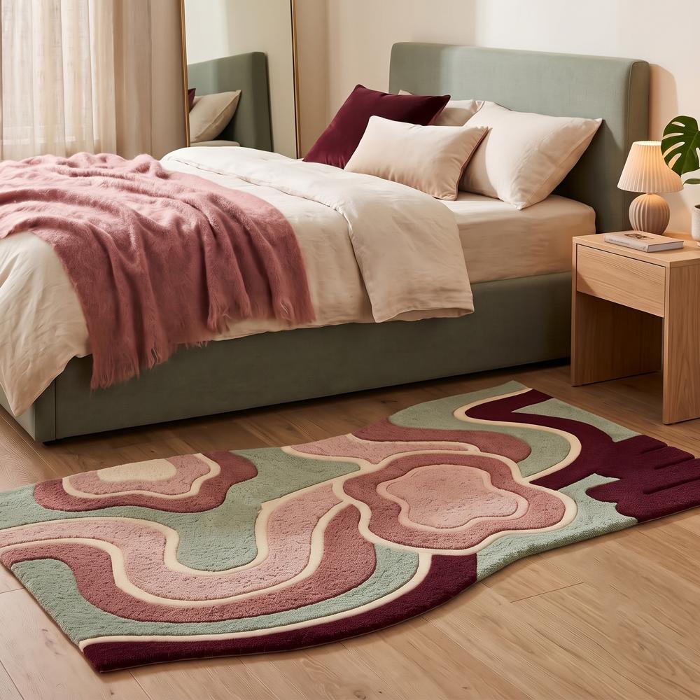 Modern Abstract Floral Hand Tufted Rug in Pink Green Burgundy and Cream for Living Room Bedroom Decor