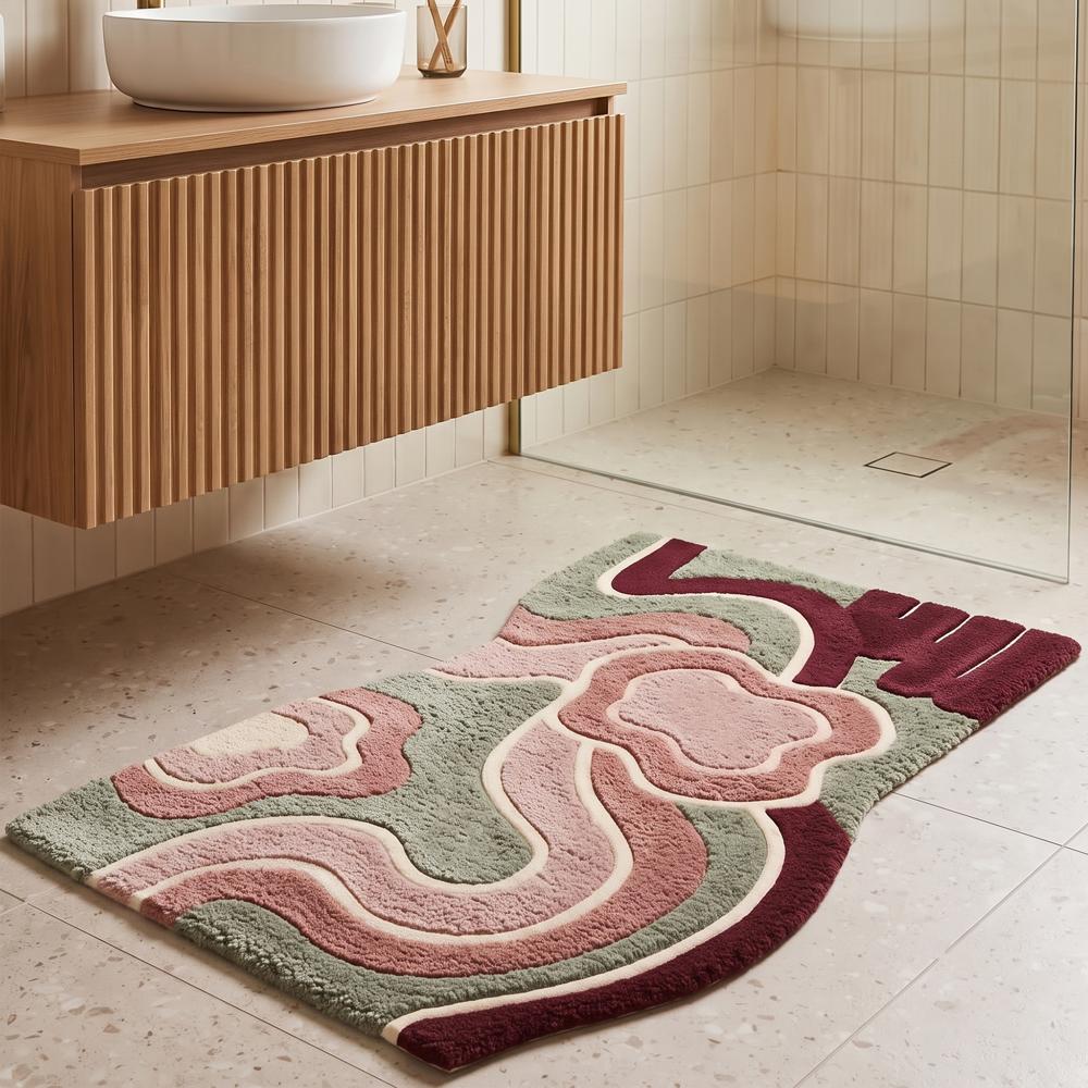 Modern Abstract Floral Hand Tufted Rug in Pink Green Burgundy and Cream for Living Room Bedroom Decor