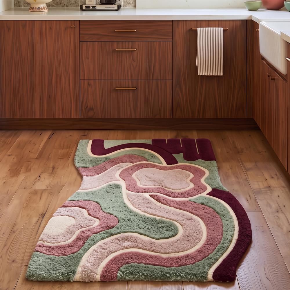 Modern Abstract Floral Hand Tufted Rug in Pink Green Burgundy and Cream for Living Room Bedroom Decor