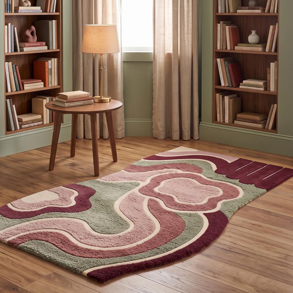 Modern Abstract Floral Hand Tufted Rug in Pink Green Burgundy and Cream for Living Room Bedroom Decor
