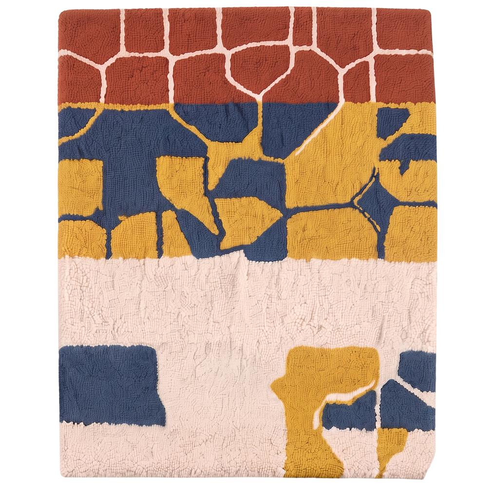 Modern Multicolor Abstract Hand Tufted Rug in Rust Brown Navy Blue Mustard Yellow and Cream for Living Room Decor