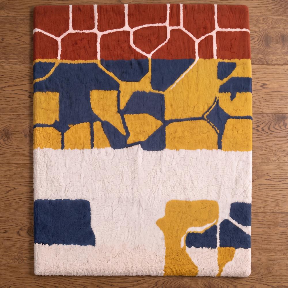 Modern Multicolor Abstract Hand Tufted Rug in Rust Brown Navy Blue Mustard Yellow and Cream for Living Room Decor