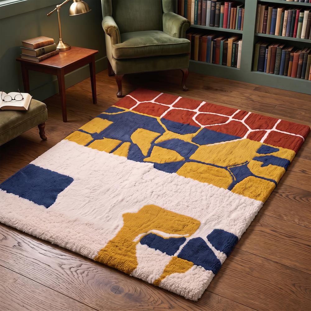 Modern Multicolor Abstract Hand Tufted Rug in Rust Brown Navy Blue Mustard Yellow and Cream for Living Room Decor
