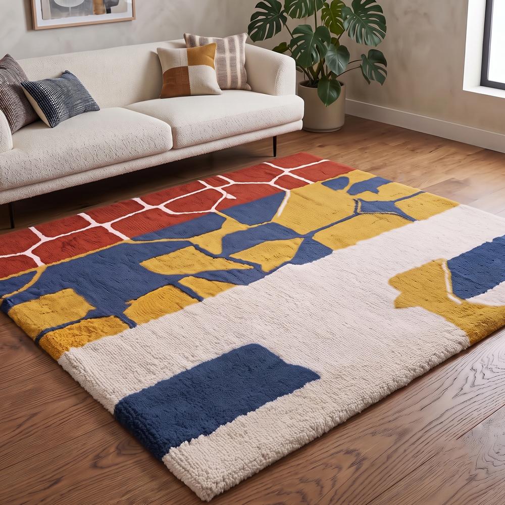 Modern Multicolor Abstract Hand Tufted Rug in Rust Brown Navy Blue Mustard Yellow and Cream for Living Room Decor