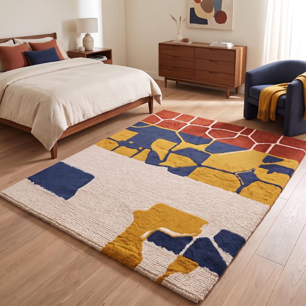 Modern Multicolor Abstract Hand Tufted Rug in Rust Brown Navy Blue Mustard Yellow and Cream for Living Room Decor