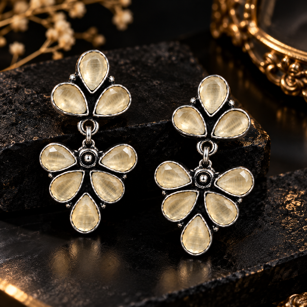Stone Studded Oxidized Silver Dangle Earrings - Color: Peach
